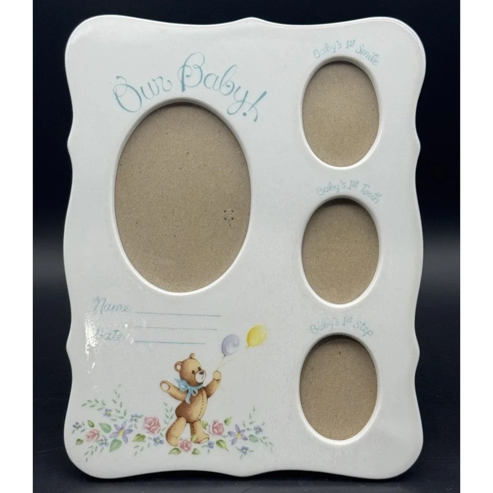 Our Baby 1st Milestones Vintage Ceramic Photo Frame Teddy Bear 9x11 White